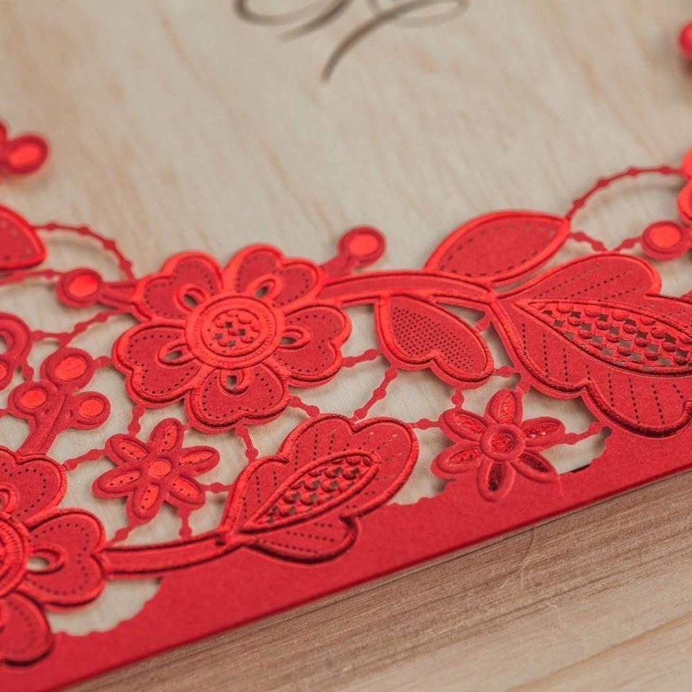 Red Square Floral Vintage Laser Cut Wedding Invitation - Click Image to Close