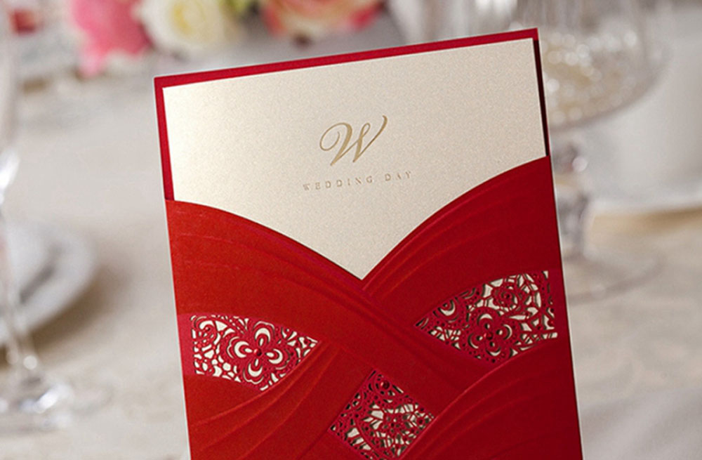Red Wedding Invitation Cards With Laser Cut Pearl Pattern - Click Image to Close