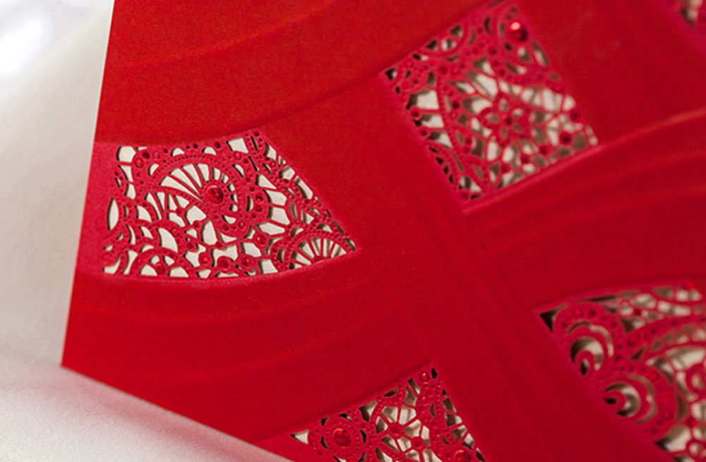 Red Wedding Invitation Cards With Laser Cut Pearl Pattern - Click Image to Close