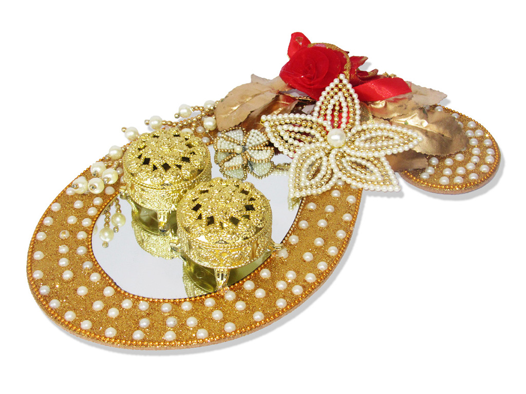 Ring Ceremony Tray in Golden with Red Flowers & Pearls - Click Image to Close