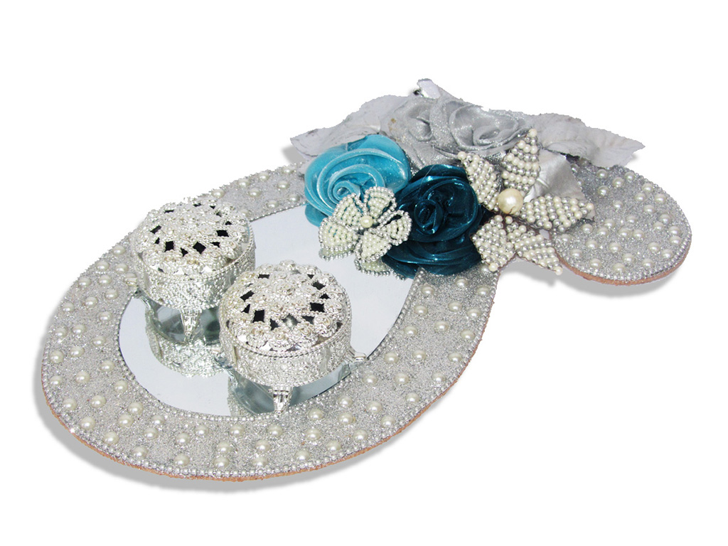 Ring Ceremony Tray in Silver with Blue Flowers & Pearls - Click Image to Close