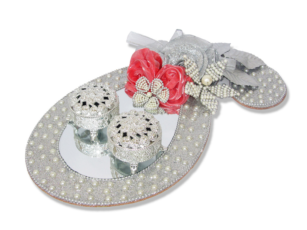 Ring Ceremony Tray in Silver with Red Flowers & Pearls - Click Image to Close