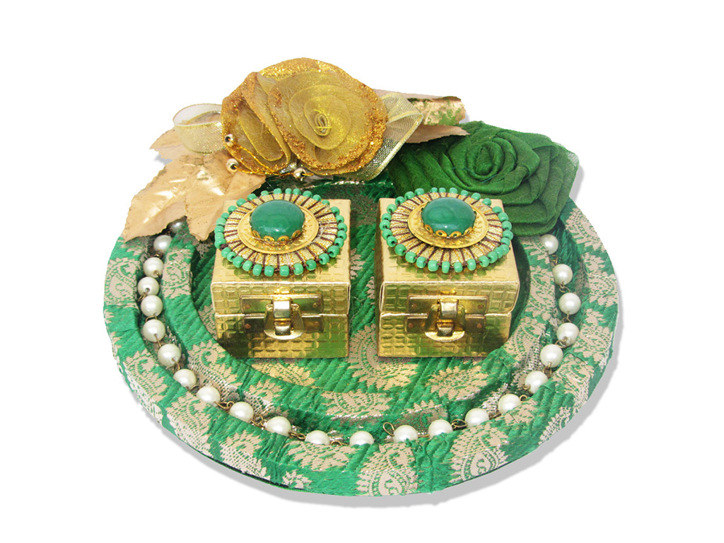 Ring Platter in Green Brocade with Paisley Design & Pearls - Click Image to Close