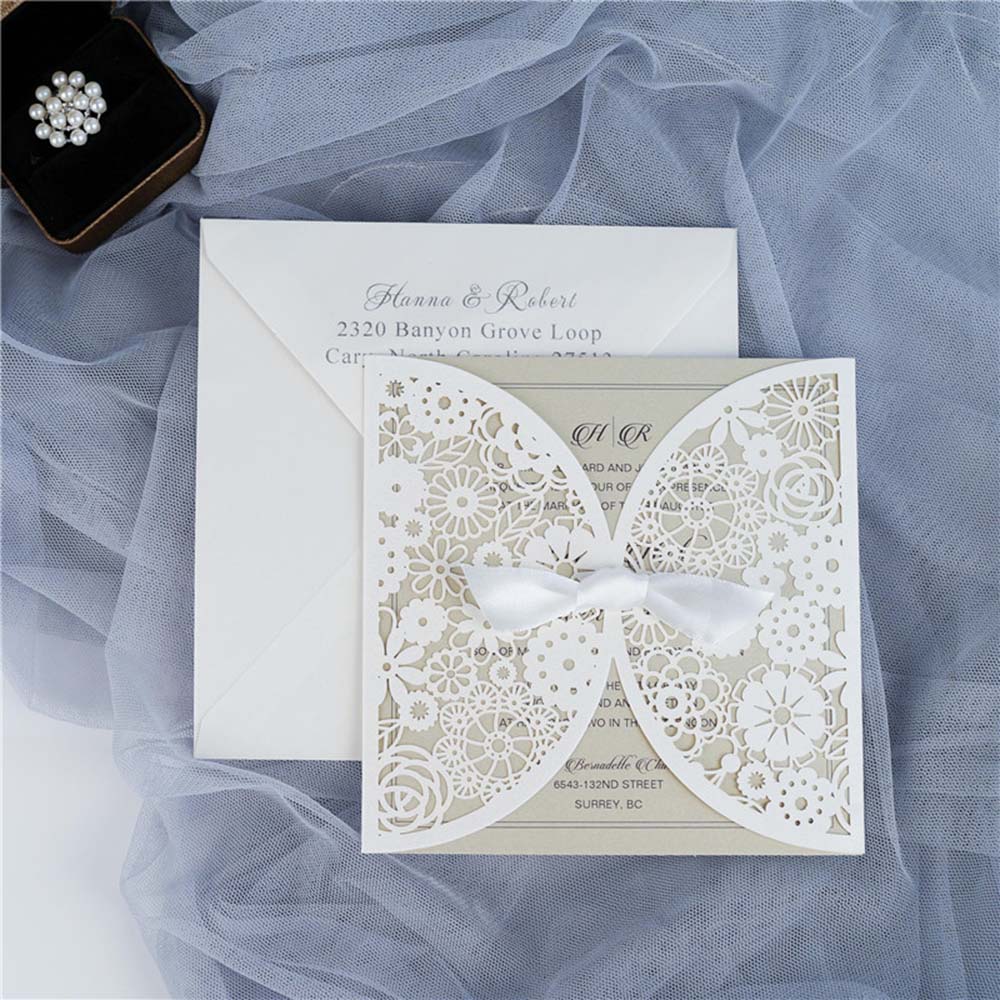 Romantic white lace cut wedding invitation card - Click Image to Close