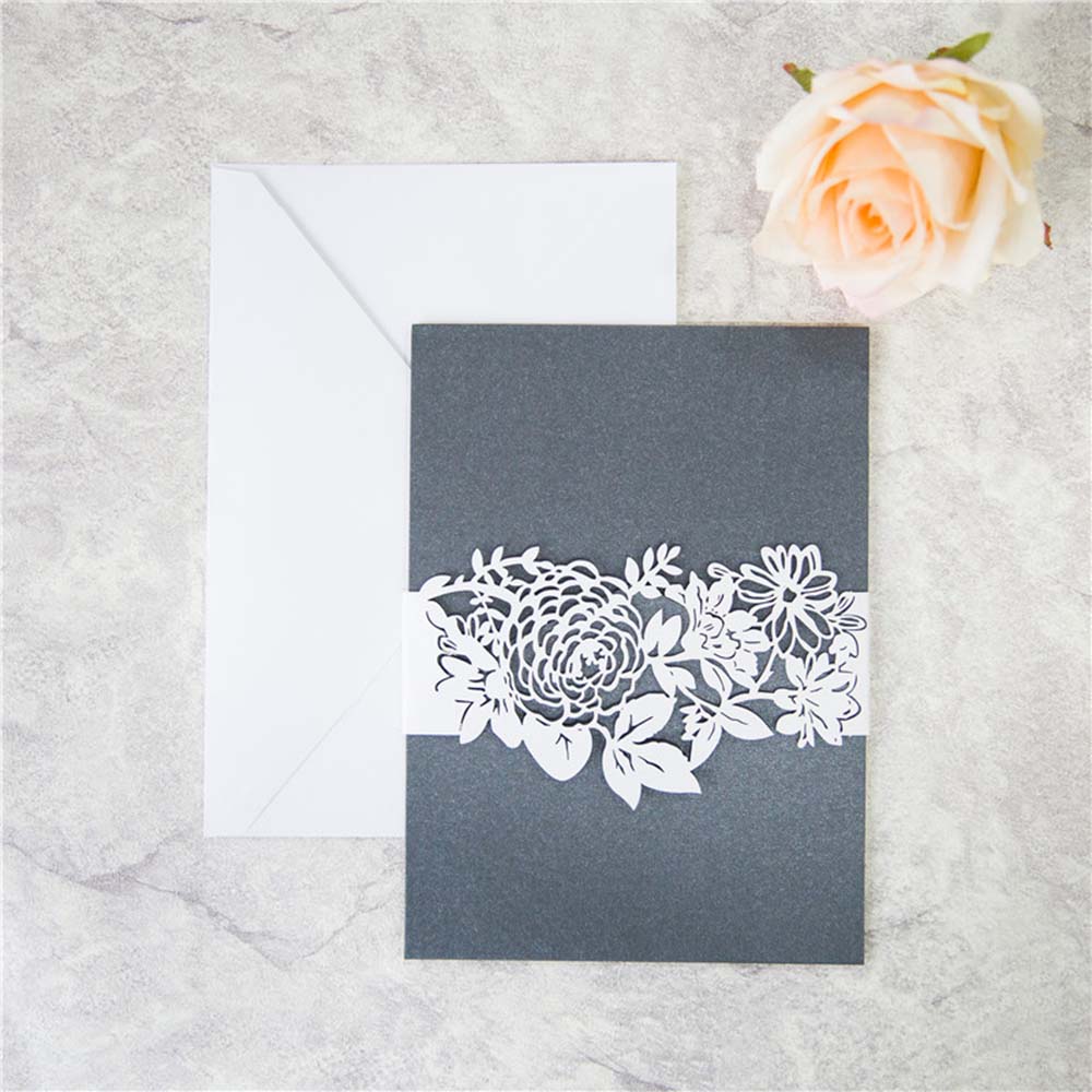 Rose theme exquisite laser cut invite in black shimmer - Click Image to Close