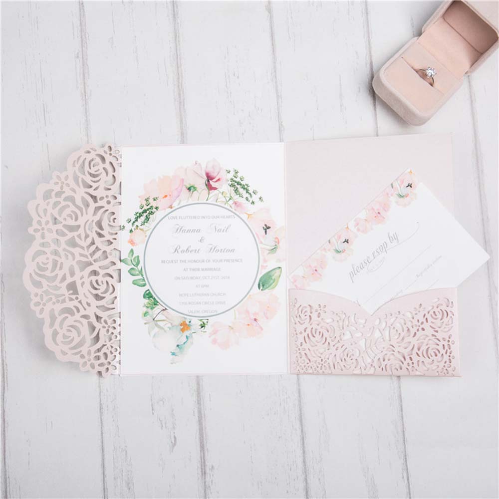 Rose theme Tri-fold Laser Cut Wedding Invitation in pink colour - Click Image to Close