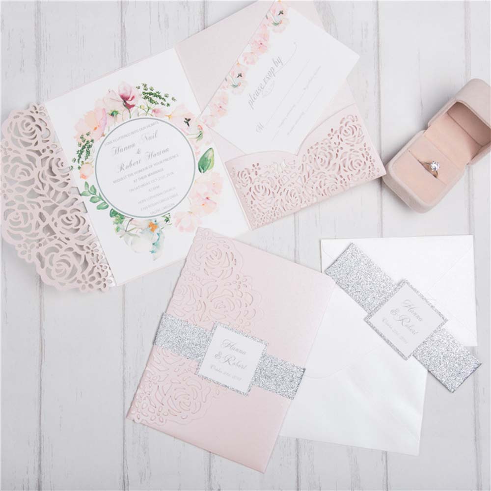 Rose theme Tri-fold Laser Cut Wedding Invitation in pink colour