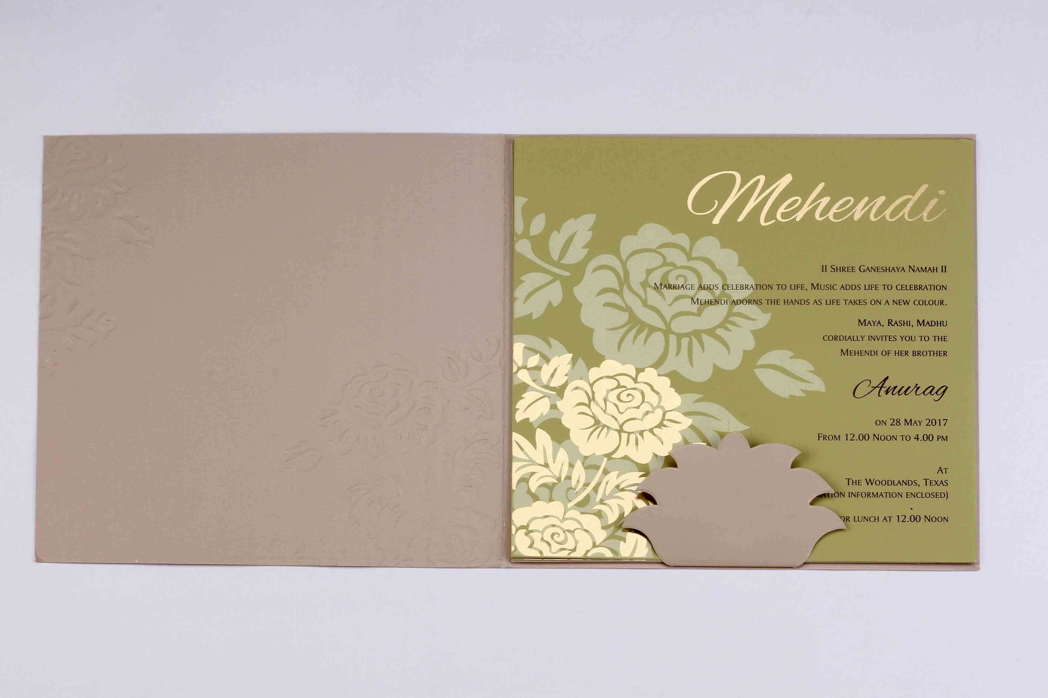 Rose themed indian wedding invitation in light brown colour - Click Image to Close