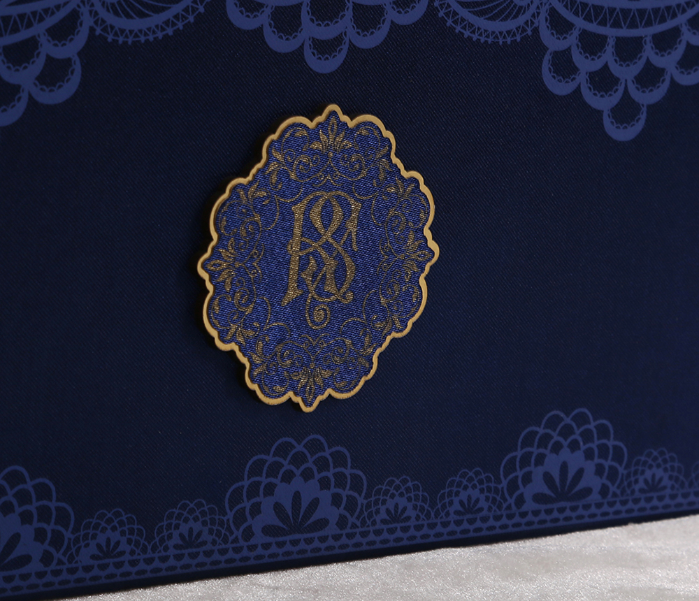 Royal blue Sikh wedding box invitation with floral patterns & sweet jars - Click Image to Close