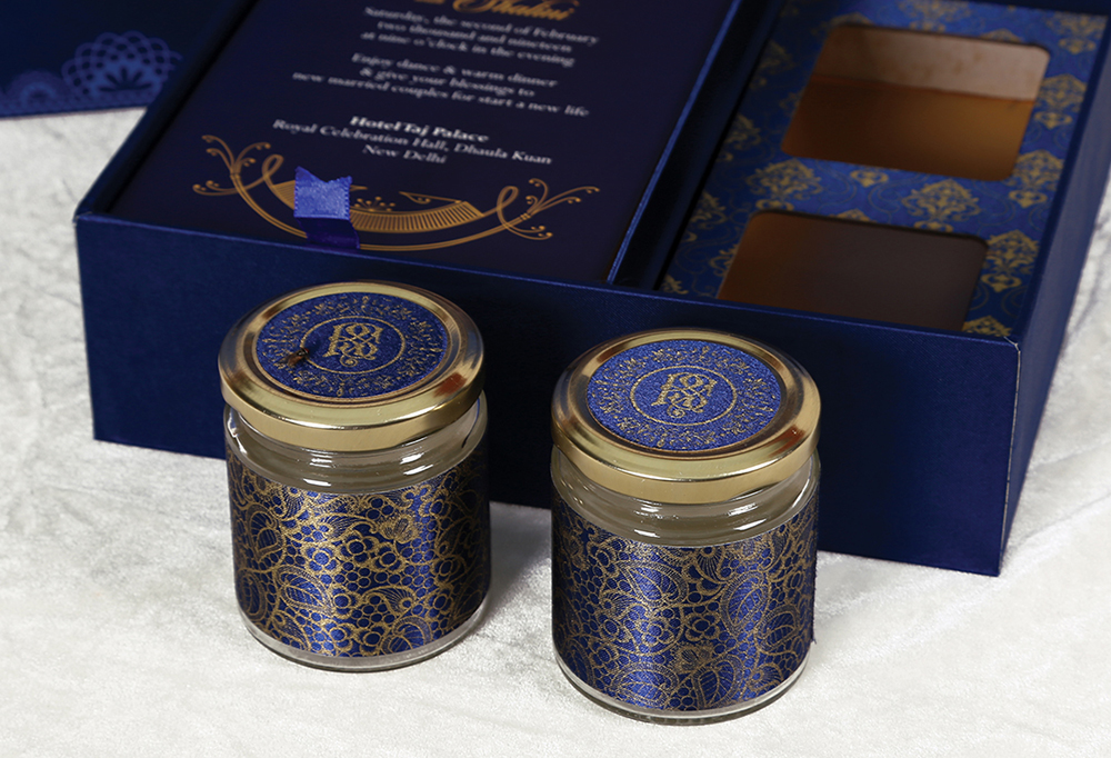 Royal blue Sikh wedding box invitation with floral patterns & sweet jars - Click Image to Close