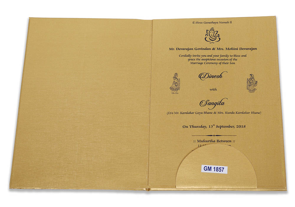 Royal Indian wedding invitation in blue satin and Ganesha symbol - Click Image to Close