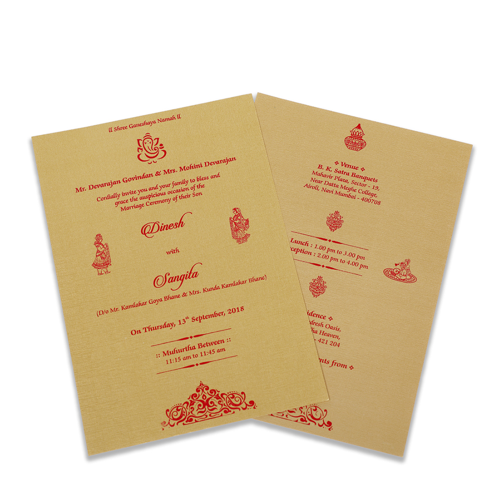 Royal Indian wedding invitation in red satin and Ganesha symbol - Click Image to Close