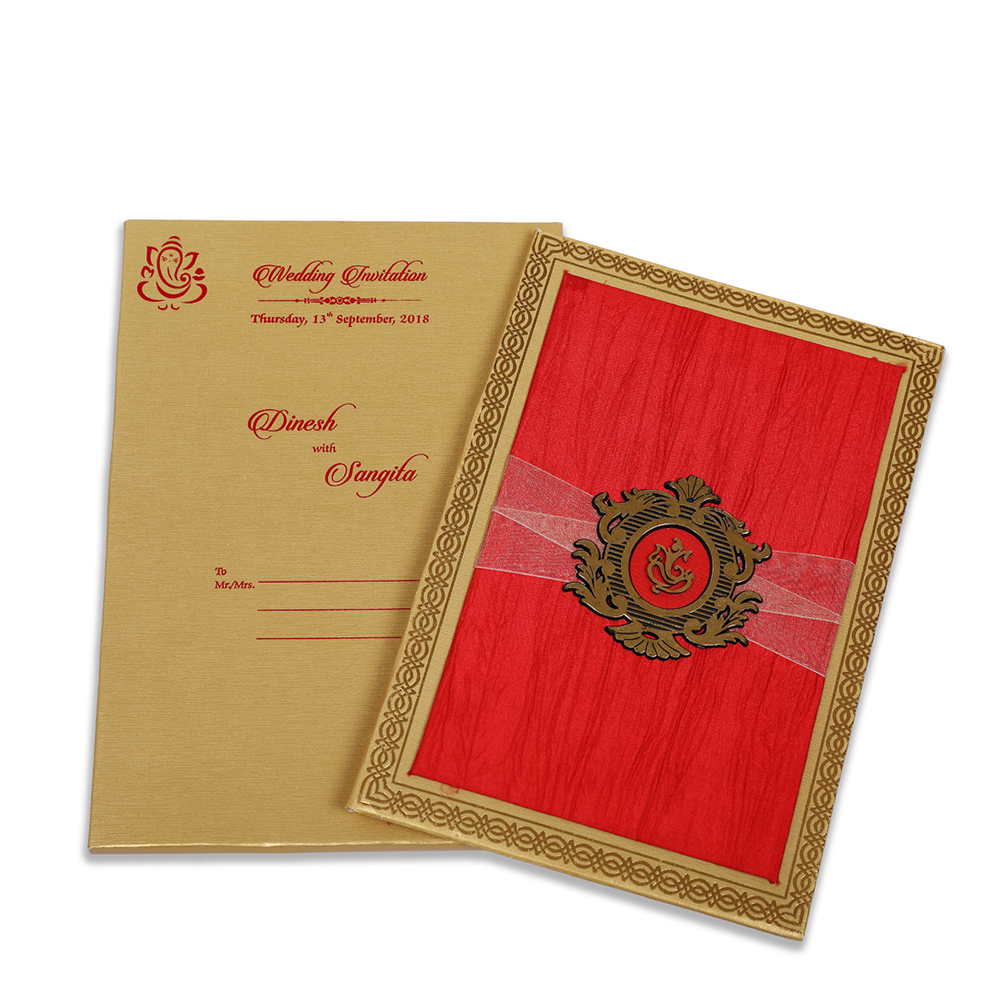 Royal Indian wedding invitation in red satin and Ganesha symbol - Click Image to Close