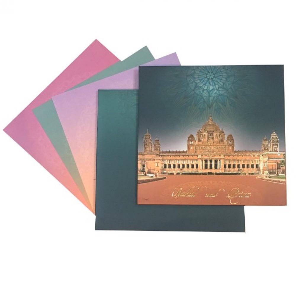 Royal palace theme wedding invite with gradient color inserts