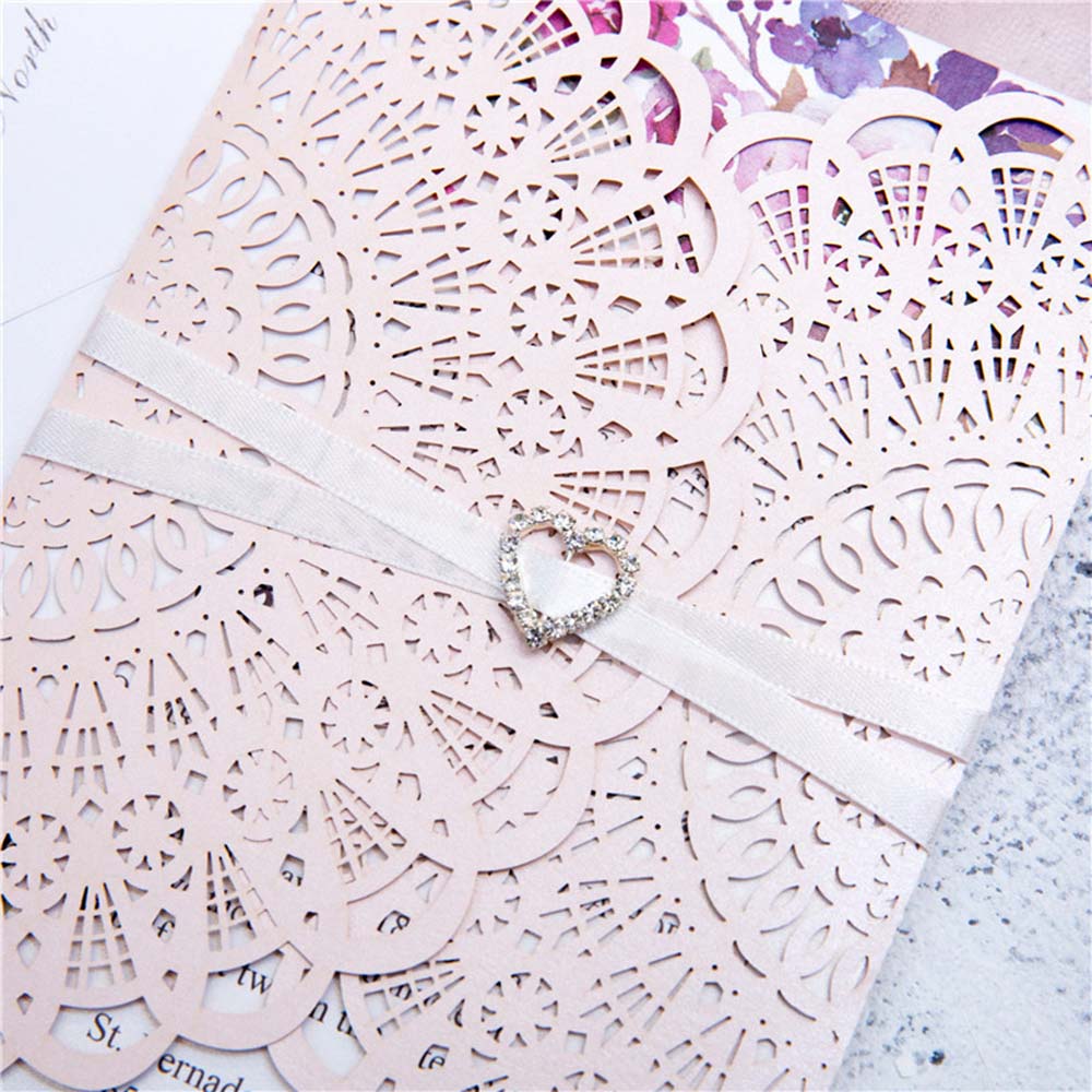 Rustic Blush colour laser cut wedding invitation in gate fold style - Click Image to Close