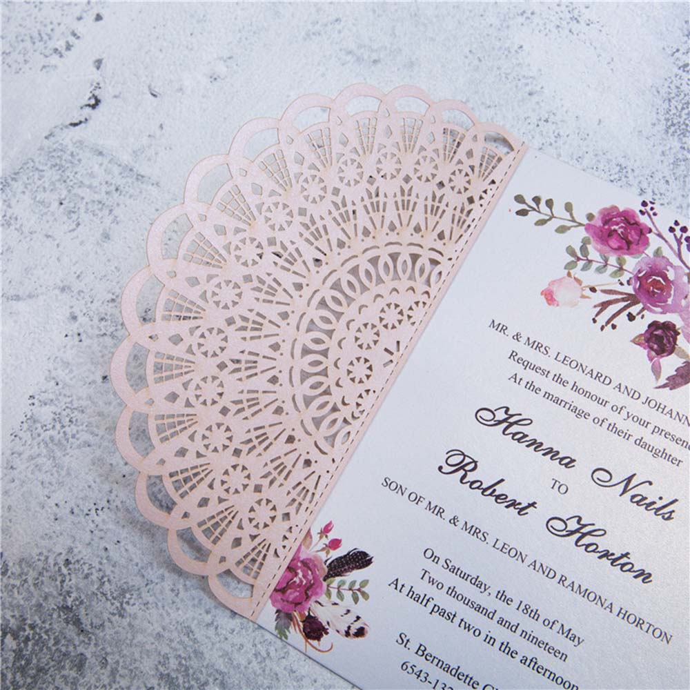 Rustic Blush colour laser cut wedding invitation in gate fold style - Click Image to Close