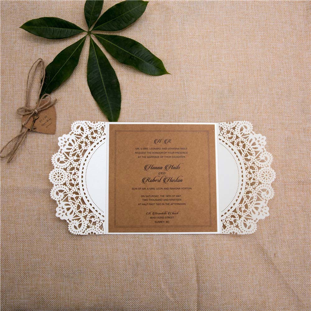 Rustic Ivory and Brown Laser Cut Wedding Invitations - Click Image to Close