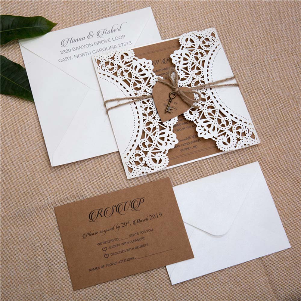 Rustic Ivory and Brown Laser Cut Wedding Invitations - Click Image to Close