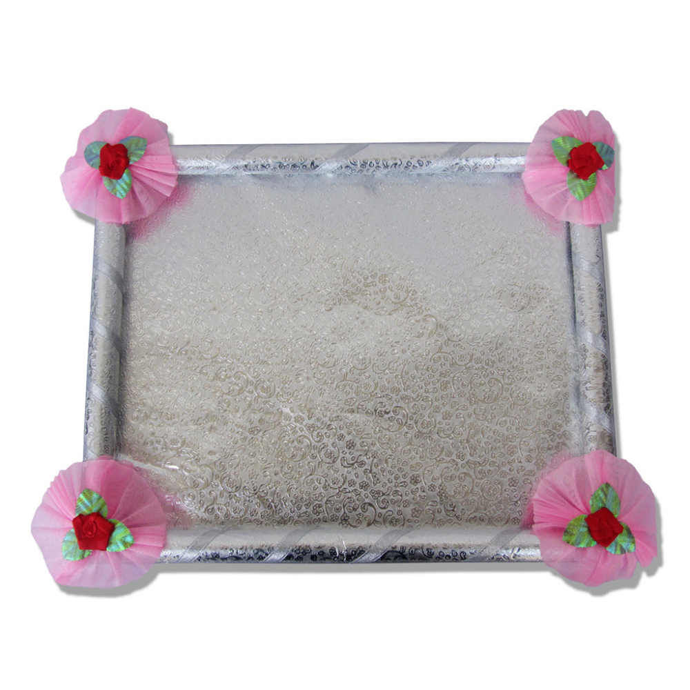 Saree Tray in Silver with decorative floral ribbons - Click Image to Close