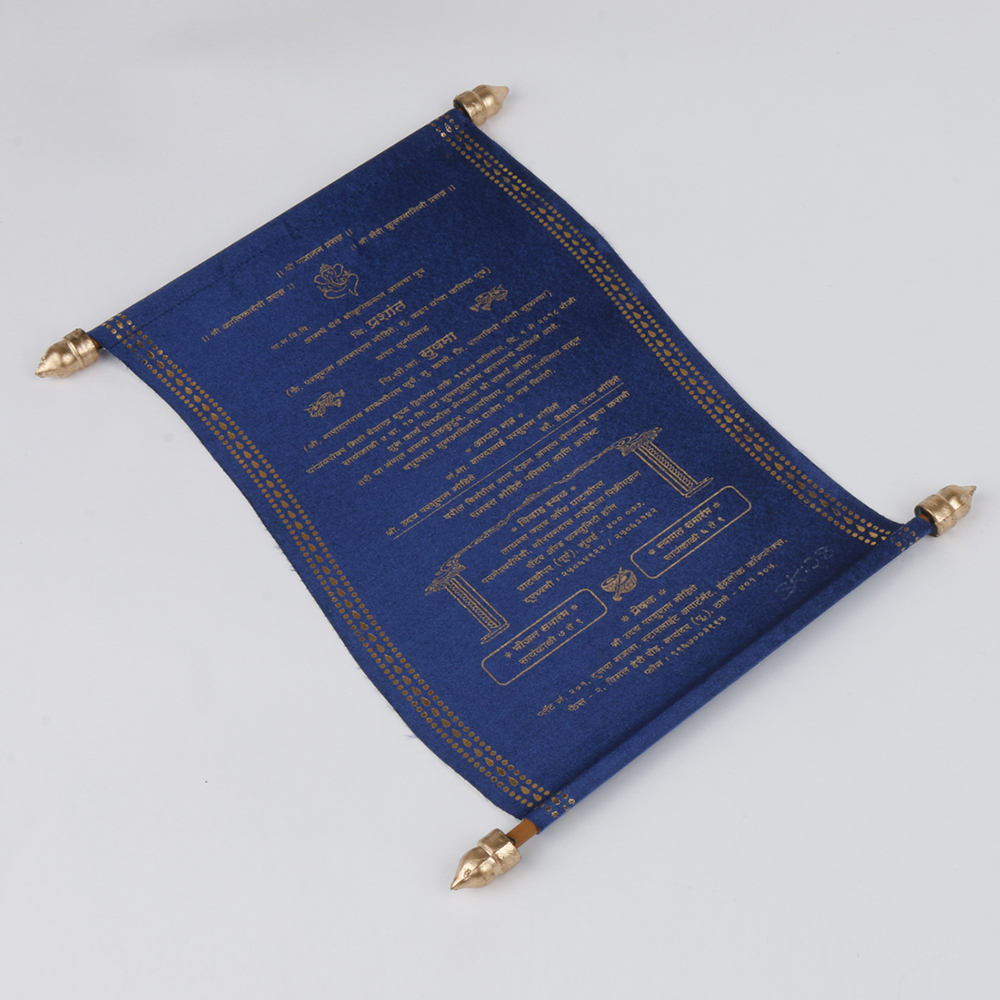 Scroll style wedding card in blue satin finish with rectangular box - Click Image to Close