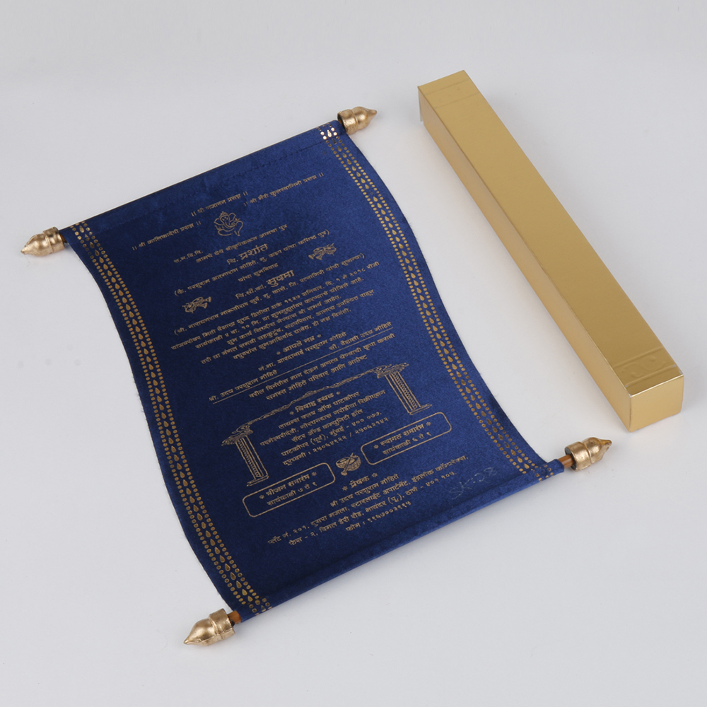 Scroll style wedding card in blue satin finish with square box - Click Image to Close