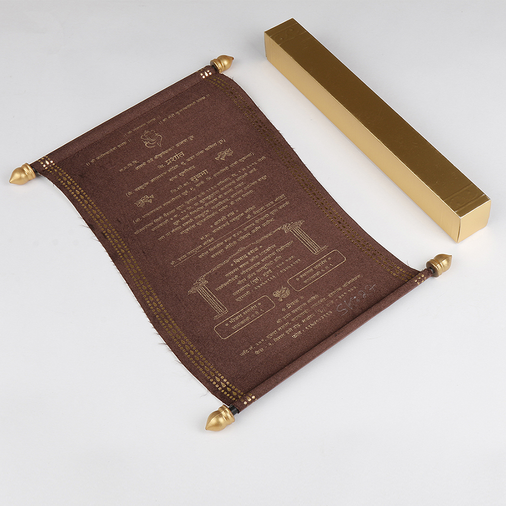 Scroll style wedding card in brown satin finish with square box