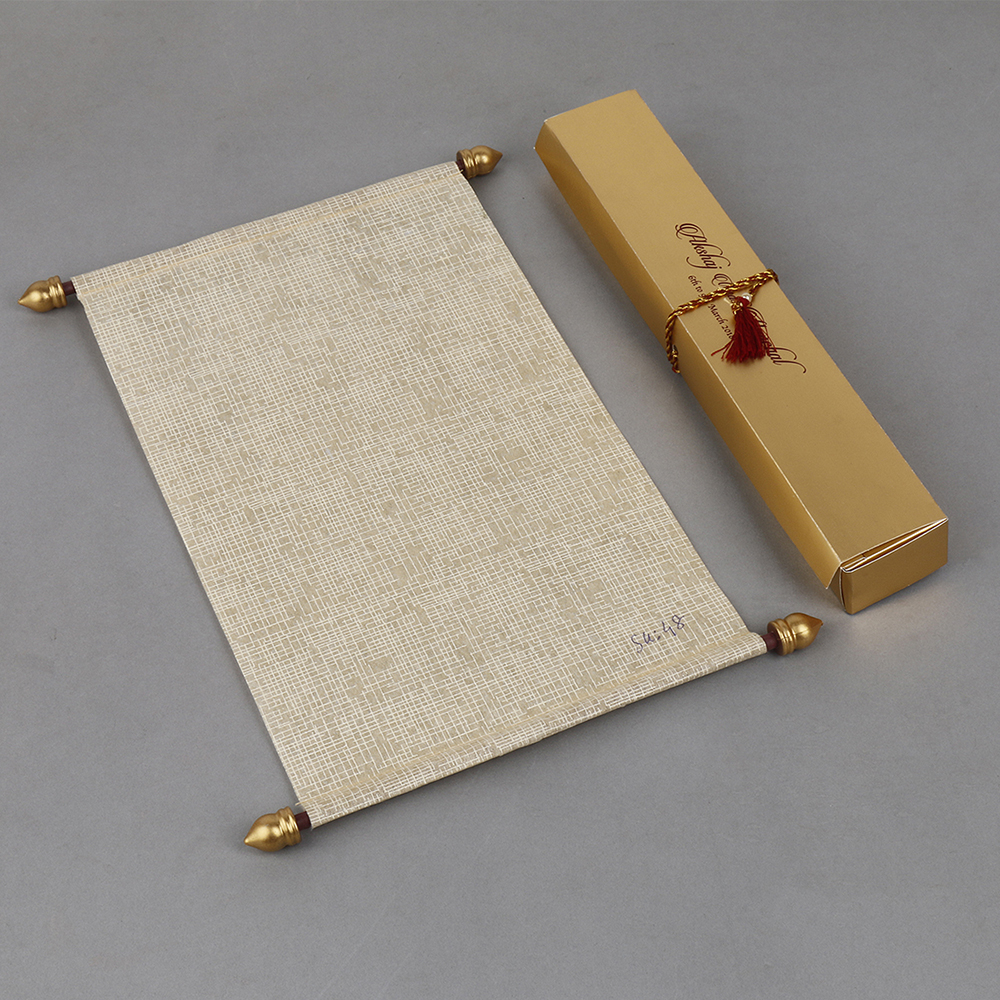 Scroll style wedding card in cream satin finish with rectangular box - Click Image to Close