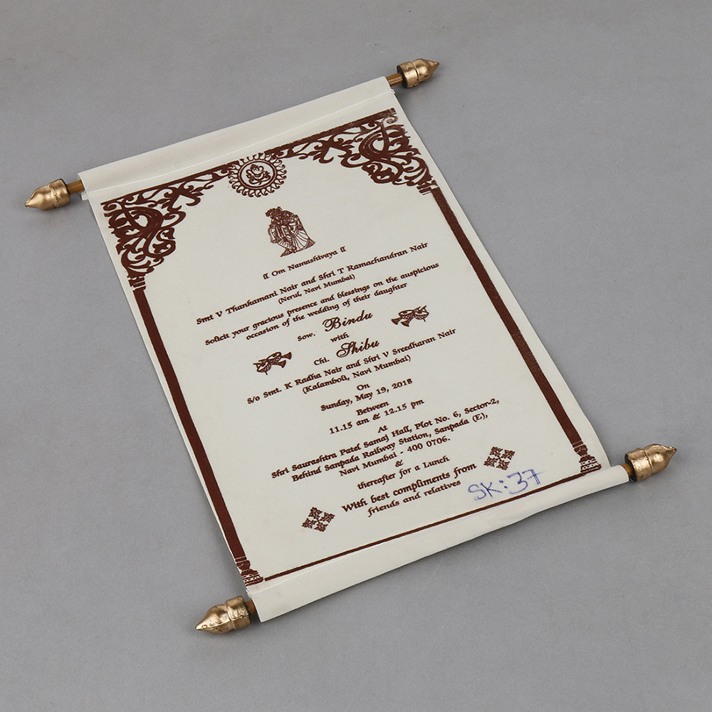 Scroll style wedding card in cream velvet finish with rectangular box - Click Image to Close