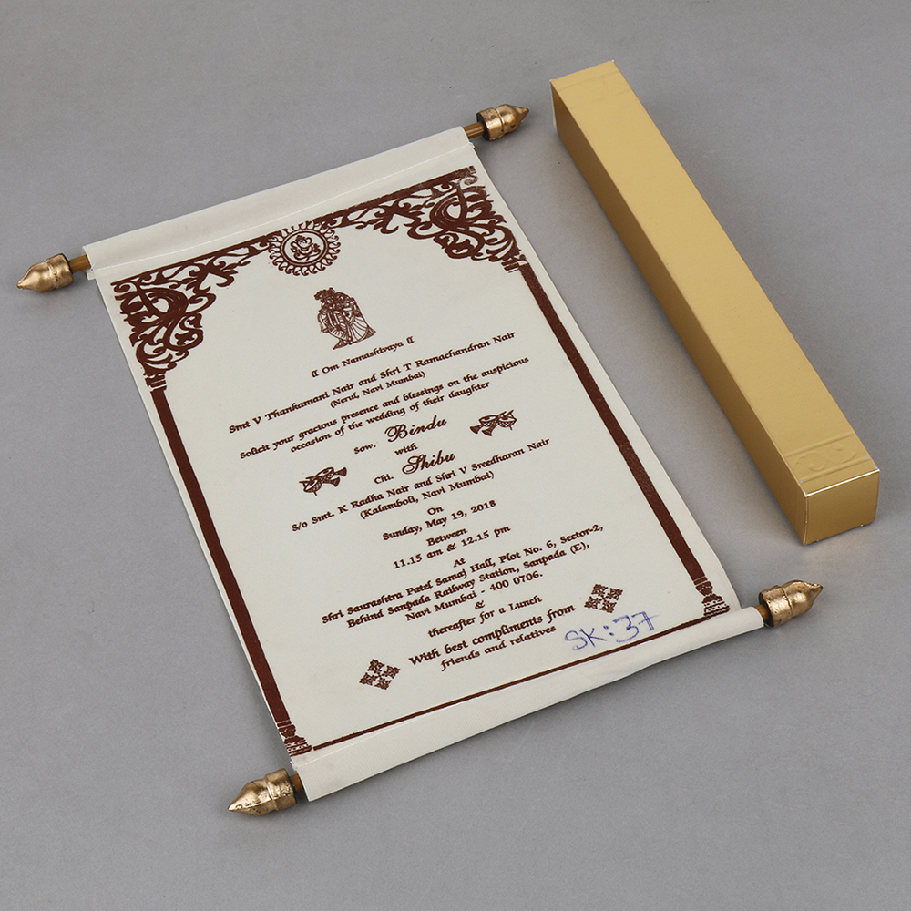 Scroll style wedding card in cream velvet finish with square box