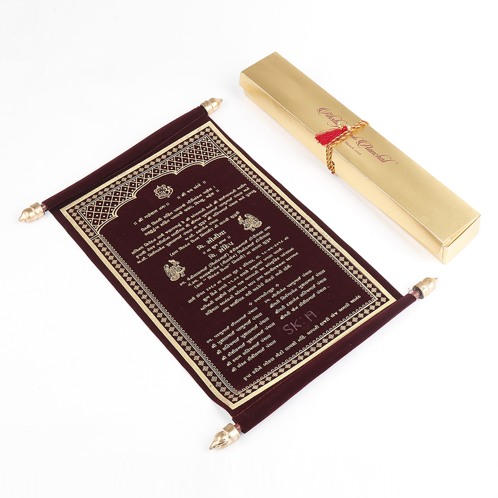 Scroll style wedding card in dark maroon velevt with rectangular box