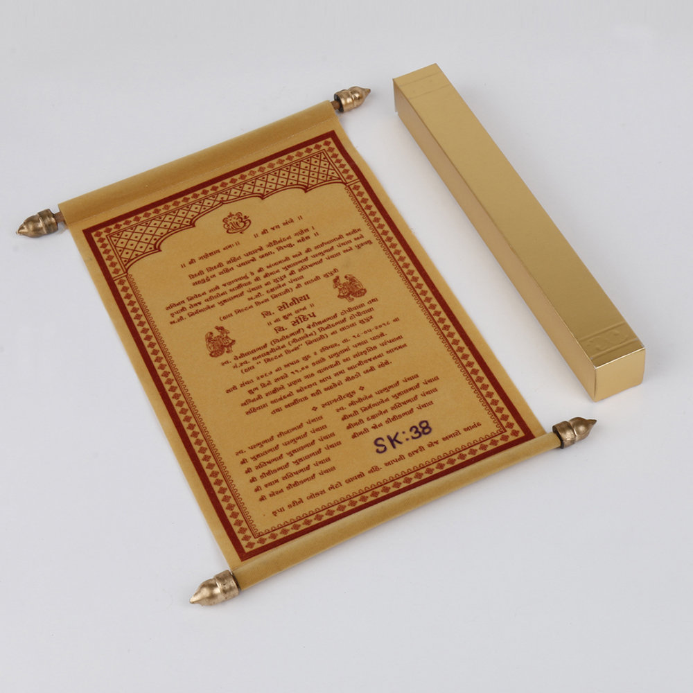 Scroll style wedding card in golden velvet finish with square box - Click Image to Close