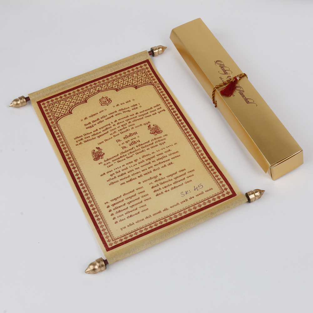 Scroll style wedding card in golden with rectangular box - Click Image to Close
