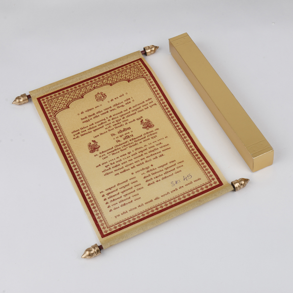 Scroll style wedding card in golden with square box