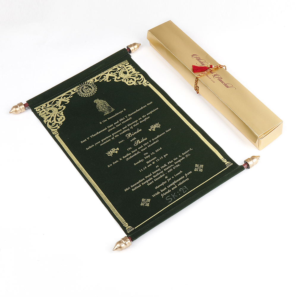 Scroll style wedding card in green velvet finish with rectangular box - Click Image to Close