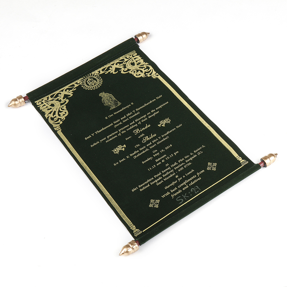 Scroll style wedding card in green velvet finish with square box - Click Image to Close