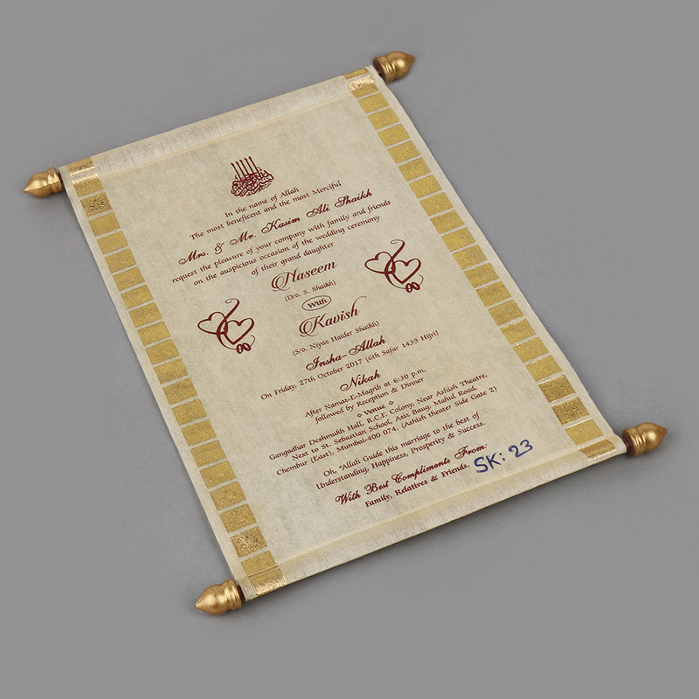 Scroll style wedding card in light golden rectangular box - Click Image to Close