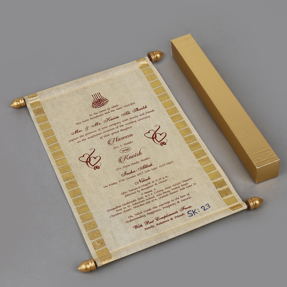 Scroll style wedding card in light golden with square box