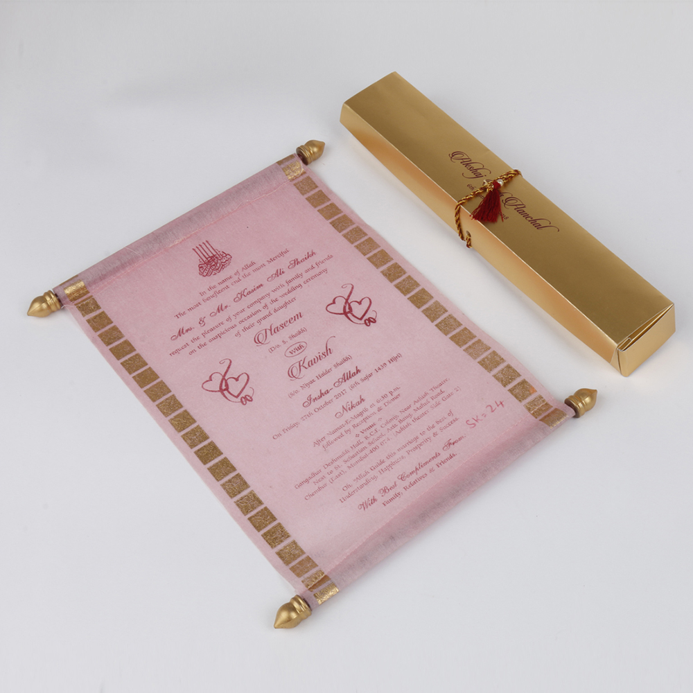 Scroll style wedding card in light pink rectangular box - Click Image to Close