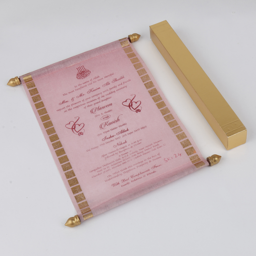 Scroll style wedding card in light pink with square box - Click Image to Close