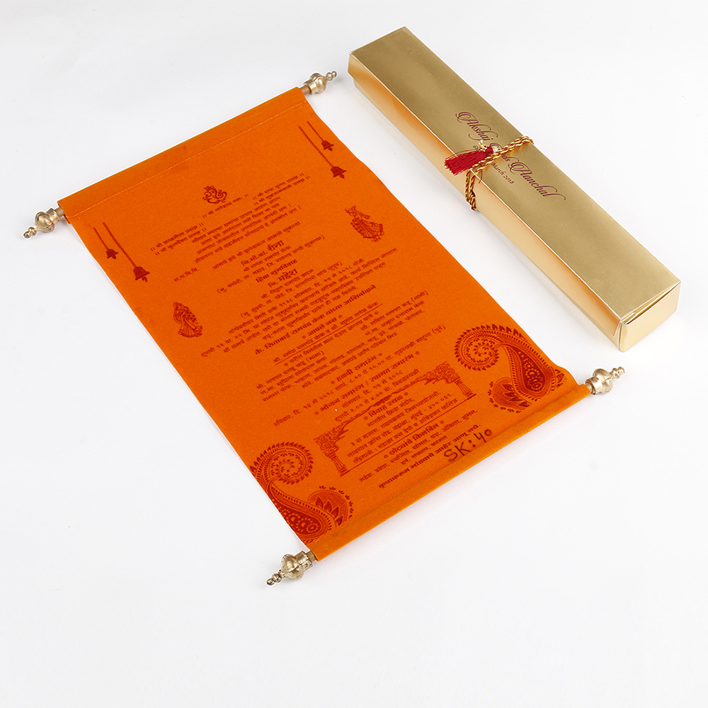 Scroll style wedding card in orange velvet finish with rectangular box - Click Image to Close