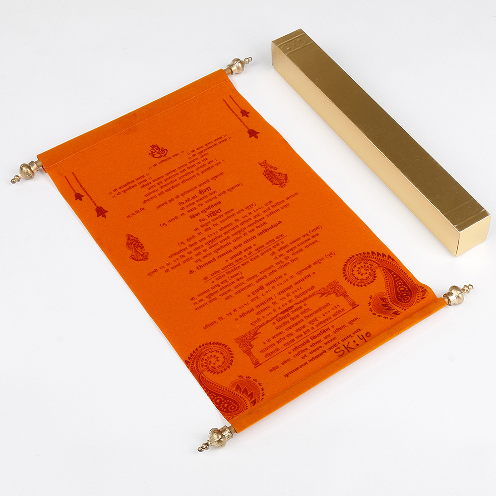 Scroll style wedding card in orange velvet finish with square box - Click Image to Close