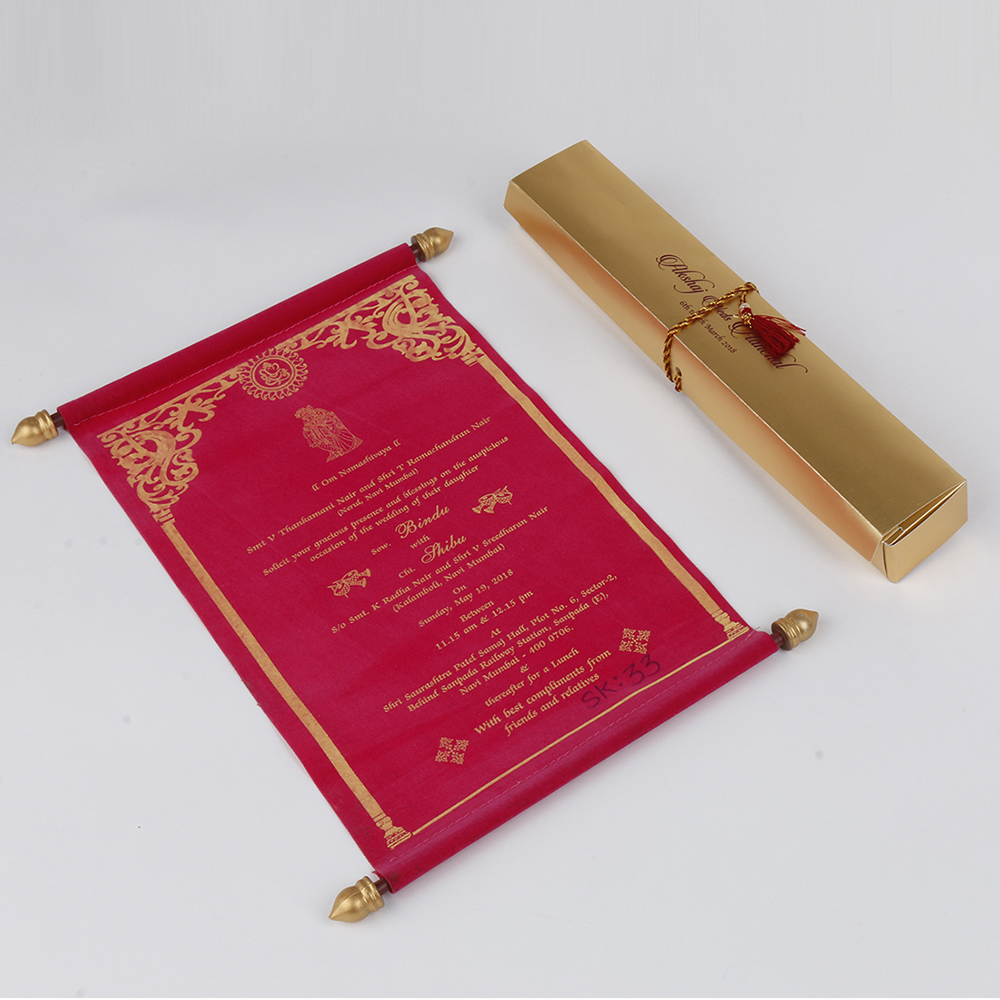 Scroll style wedding card in pink velvet finish with rectangular box - Click Image to Close