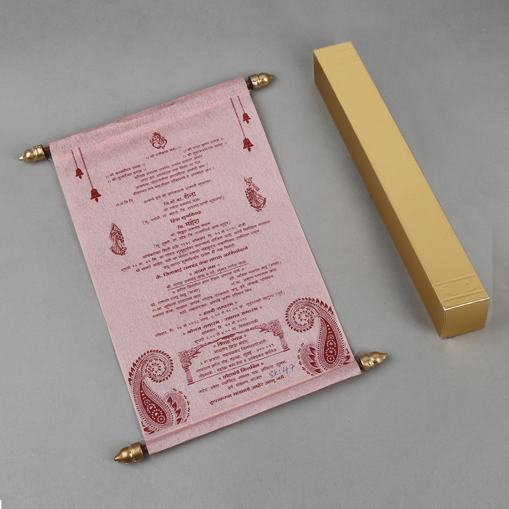 Scroll style wedding card in pink with square box