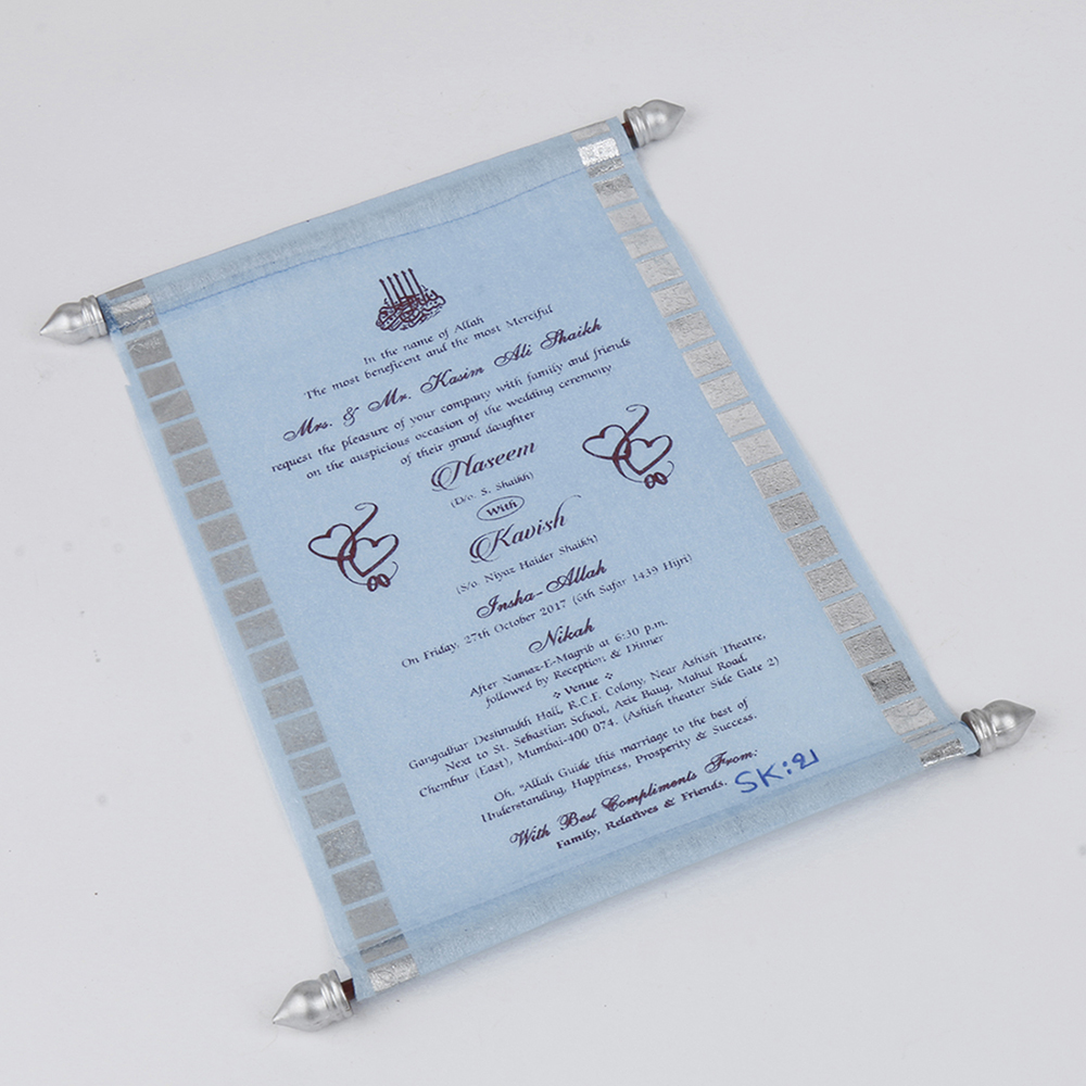 Scroll style wedding card in powder blue rectangular box - Click Image to Close