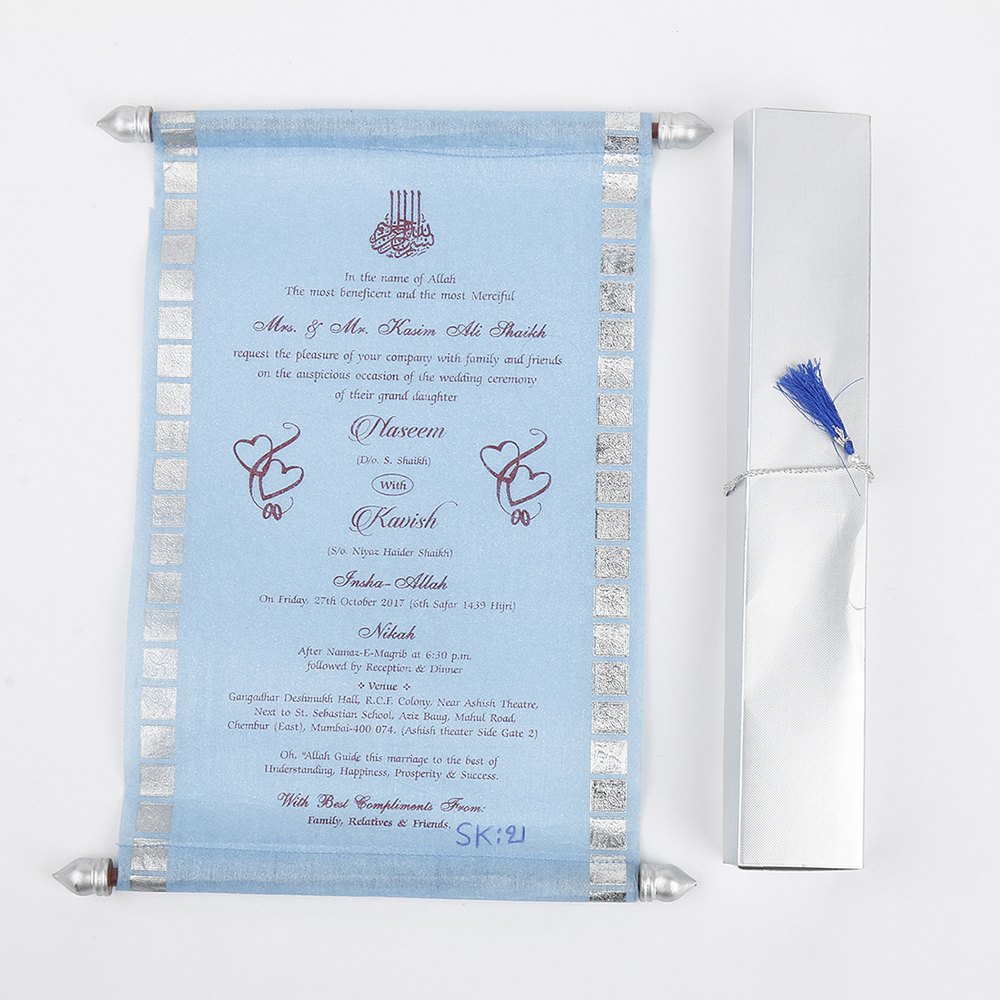 Scroll style wedding card in powder blue rectangular box - Click Image to Close