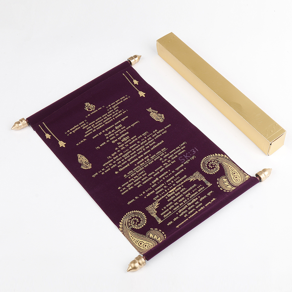 Scroll style wedding card in purple velvet finish with square box