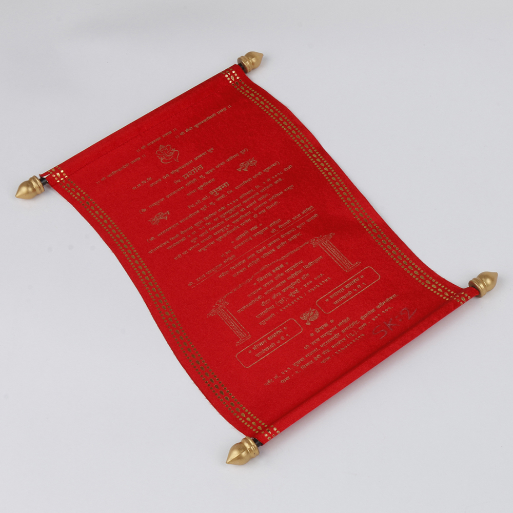Scroll style wedding card in red satin finish & rectangular box - Click Image to Close