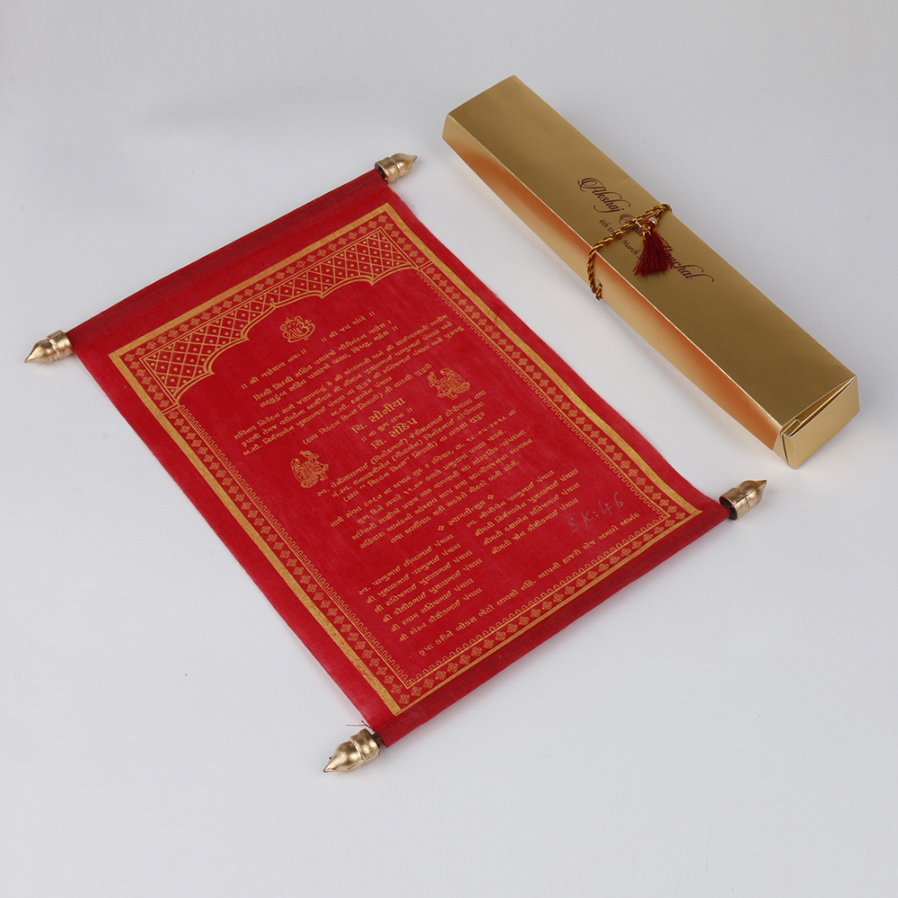Scroll style wedding card in red with rectangular box - Click Image to Close