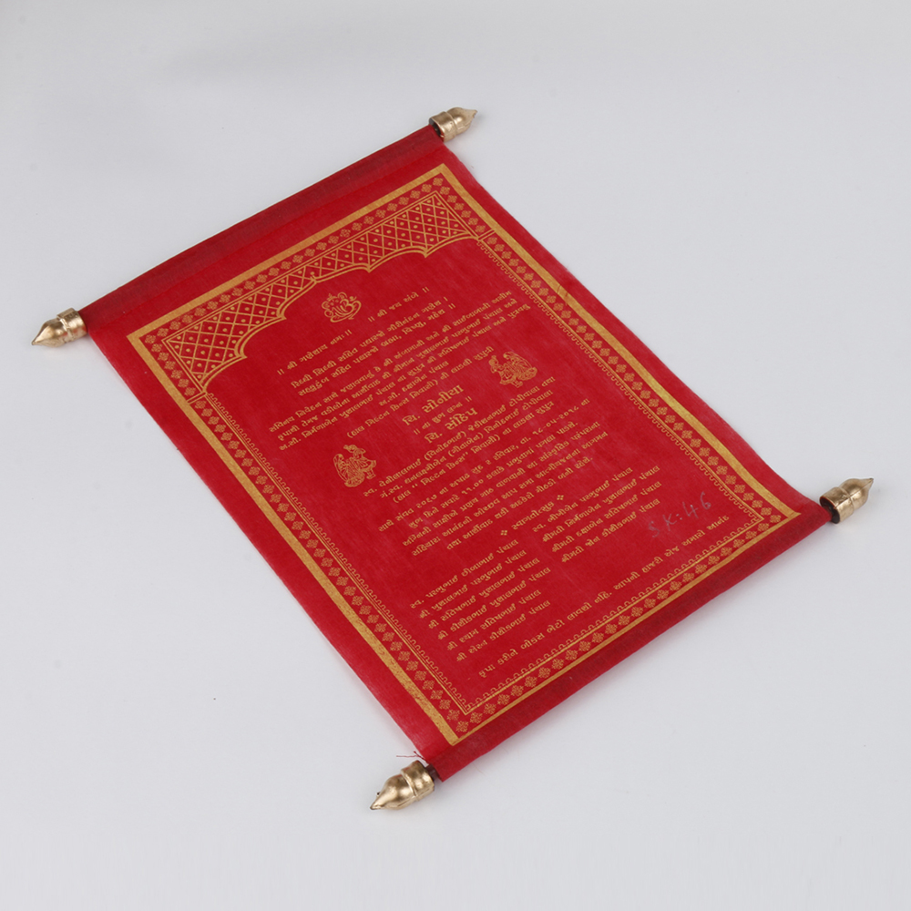 Scroll style wedding card in red with square box - Click Image to Close