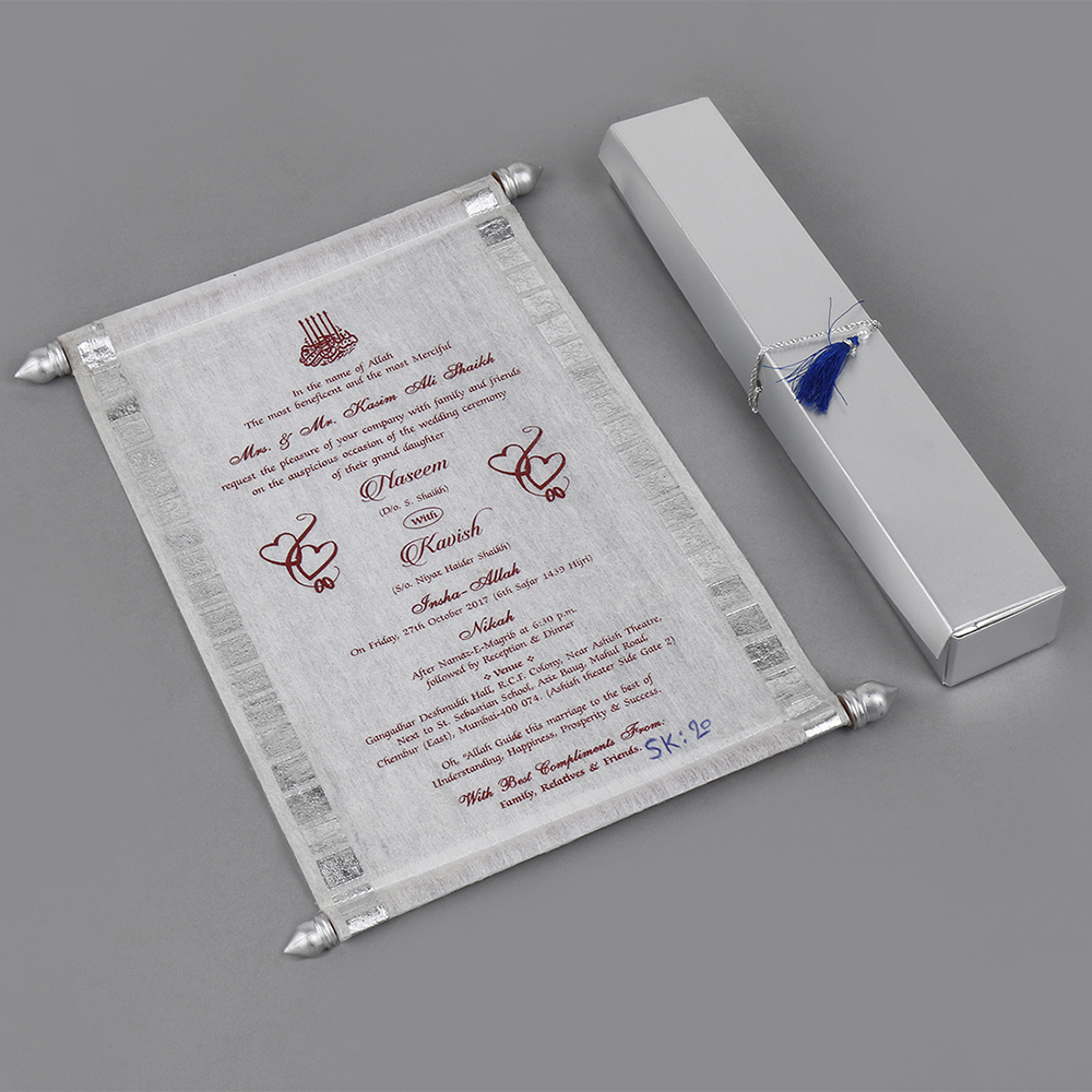 Scroll style wedding card in white with rectangular box - Click Image to Close